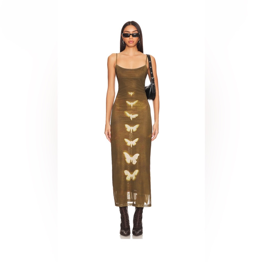 Elegant Butterfly Print Dress in Olive